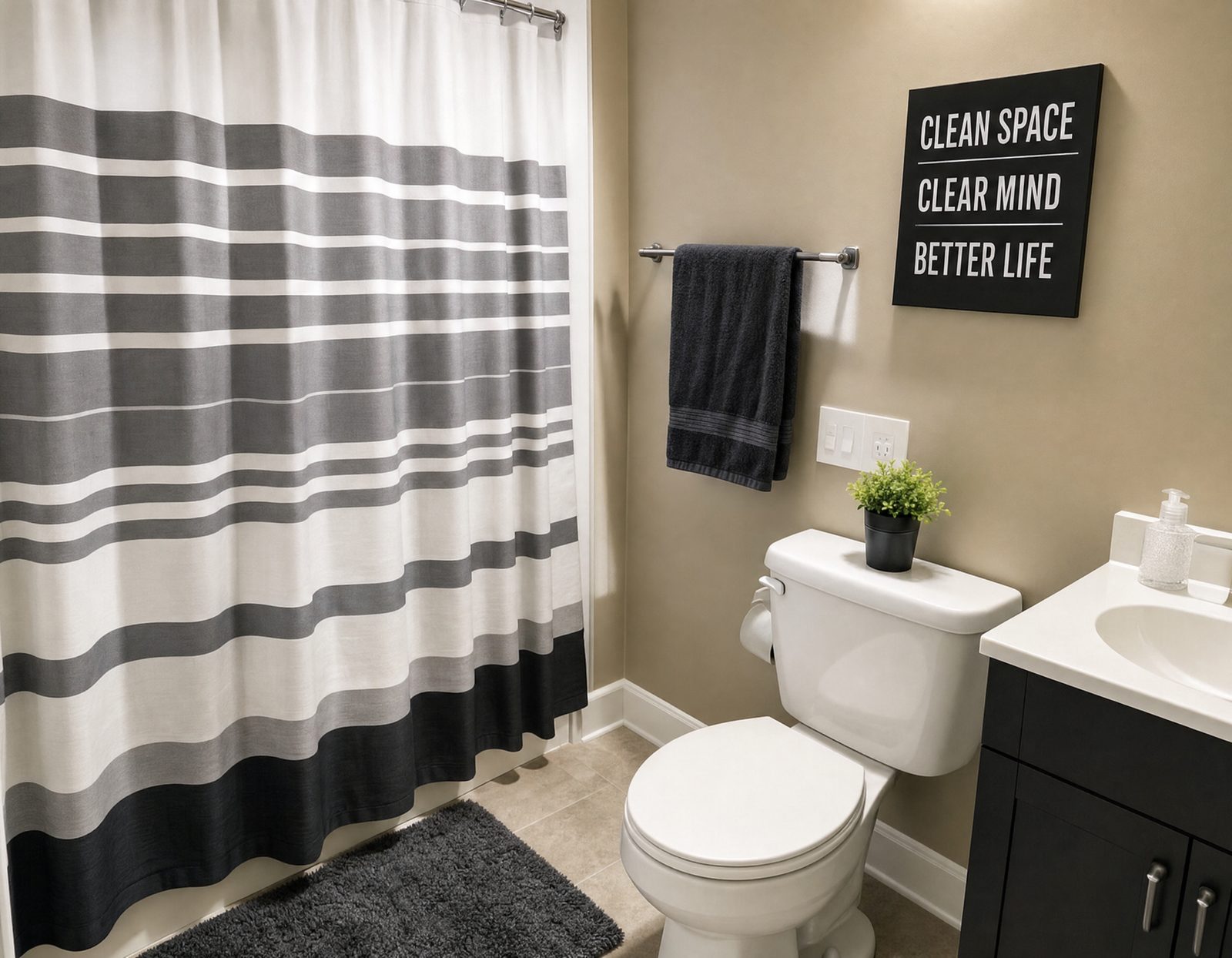 Clean shared bathroom with shower, vanity, folded towel and a framed print