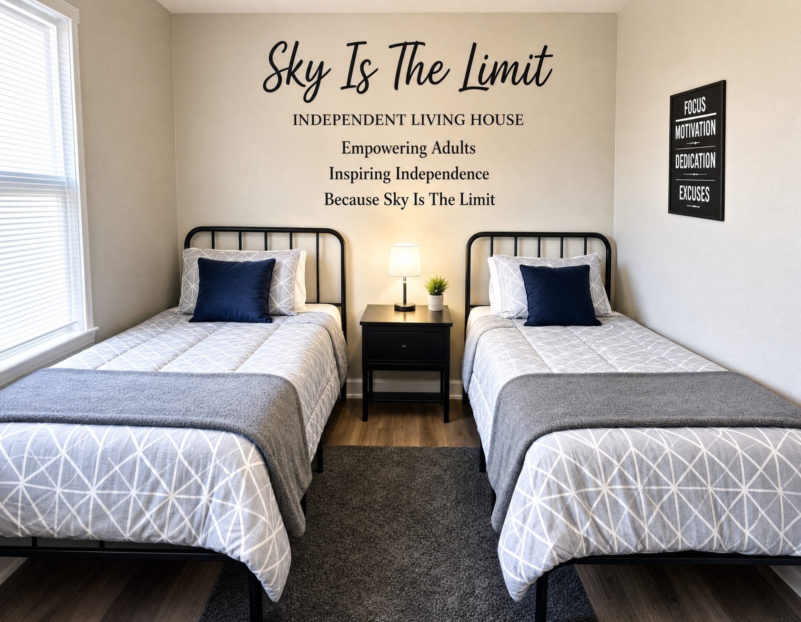 Shared bedroom with two twin beds, matching bedding, a shared nightstand and the Sky Is the Limit house motto painted on the wall