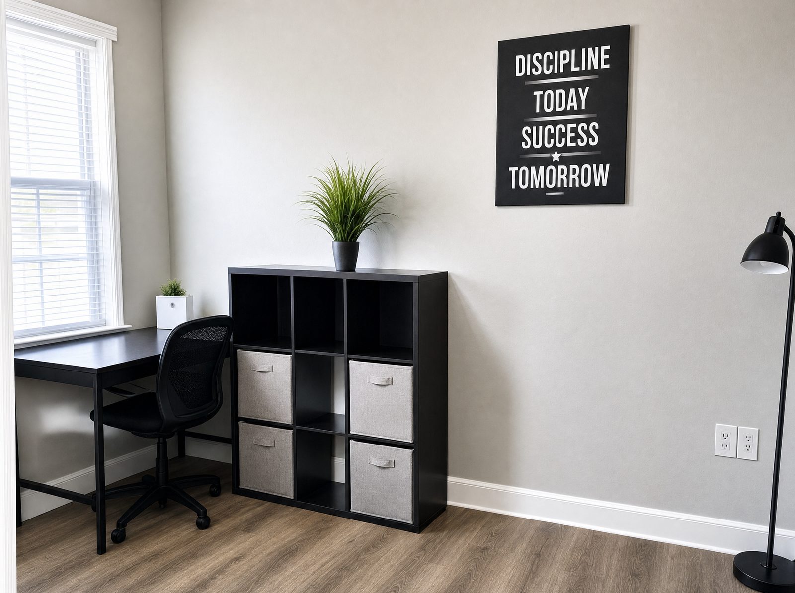 Quiet study corner with a desk, office chair, storage shelving and a motivational print